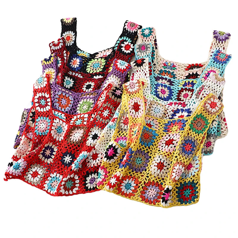 Summer Women Flower Crochet Vest Sleeveless Cover-ups Hollow Out Knit Crop Tops Bohemian Casual Daily Beach Tank Tops