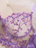 Women Purple Floral Embroidery Lace Lingerie Set Satin Sheer Mesh Bra Thong 2‑Pieces Intimate Underwear ZA825246