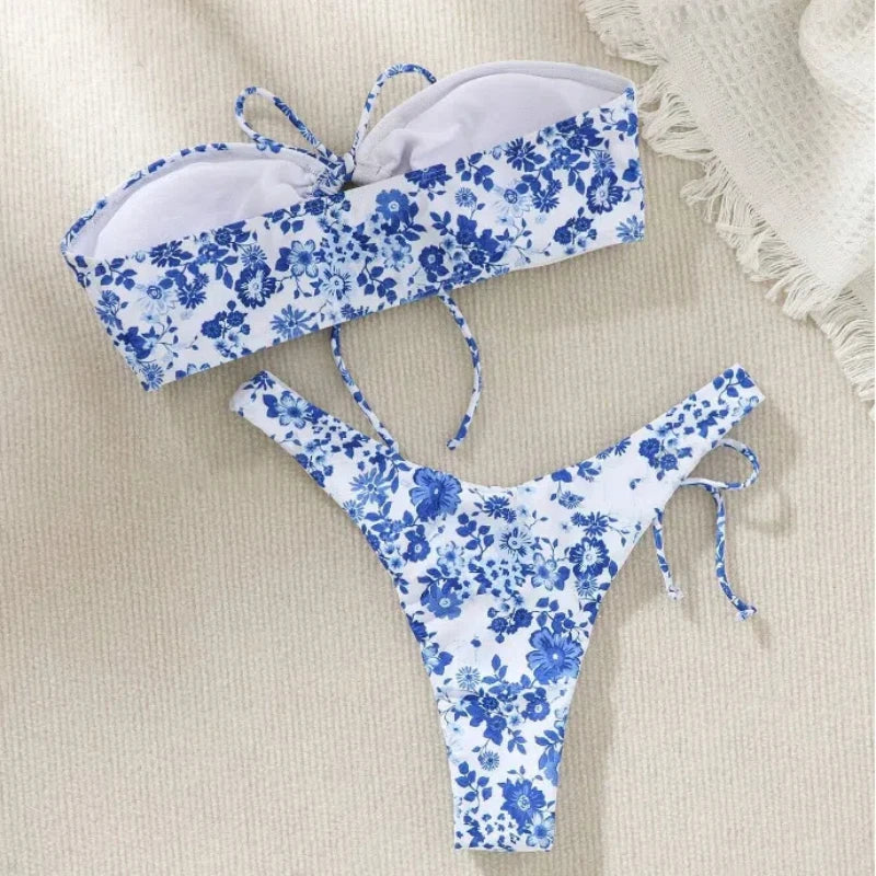 New Sexy Floral Print Bandeau Bikini 2024 Women Swimwear Female Swimsuit Two Pieces Thong Bikini Set Bather Tie Bathing Suit