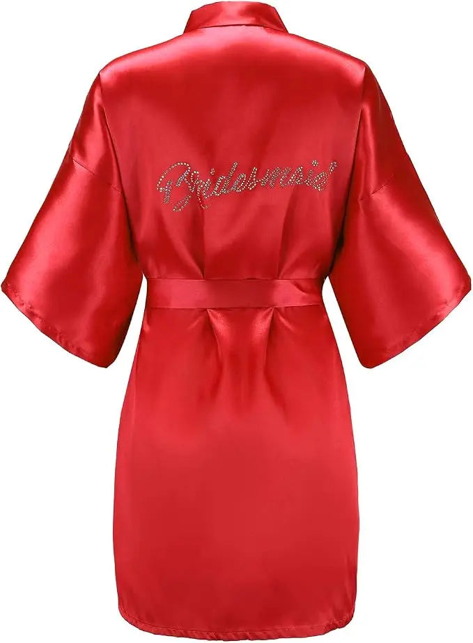 Women's Satin Kimono Robes with Rhinestones Bride Bridesmaid Short Getting Ready Wedding Dressing Gown