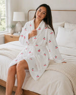 Women Soft Casual Home Loungewear Sleepwear White Terry Cloth Bathrobe Cute Cherry Print Loose Belted Dressing Gown