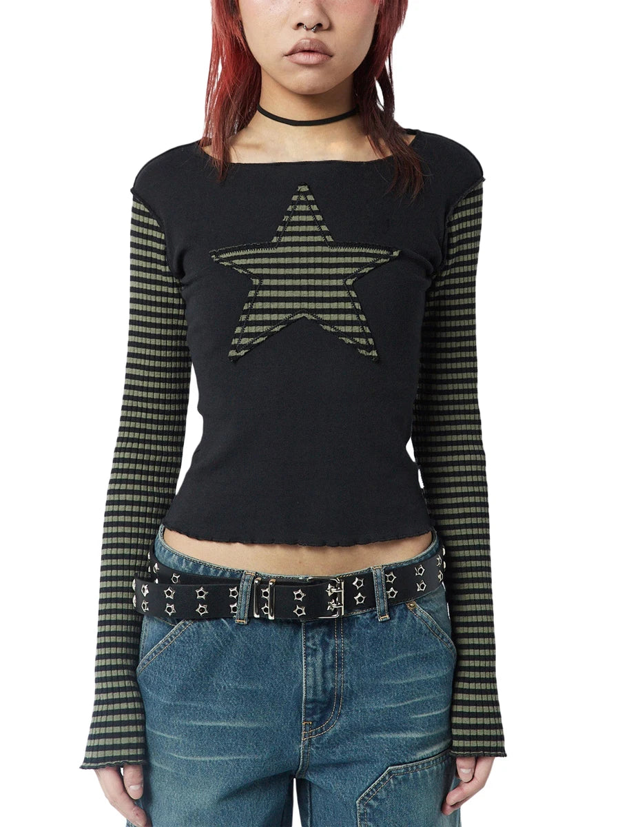 Early Autumn Punk Style Slim Fit T-shirt Women Long Sleeve Crew Neck Star Stripes Patchwork Ladies Tops for Casual Daily