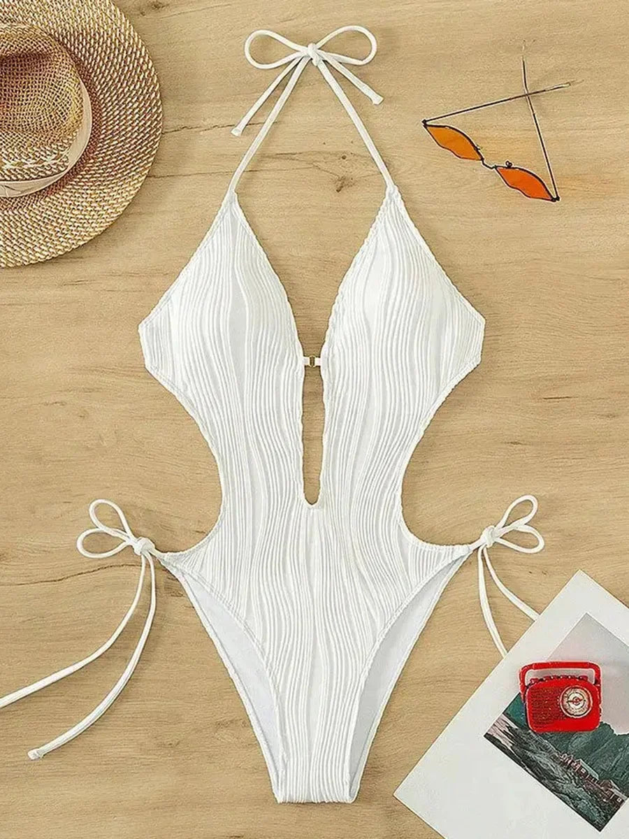 Sexy Halter V Neck Wrinkled Female Swimwear One Piece Swimsuit Women Backless Monokini High Leg Cut Bathing Suit Swim Beach Wear