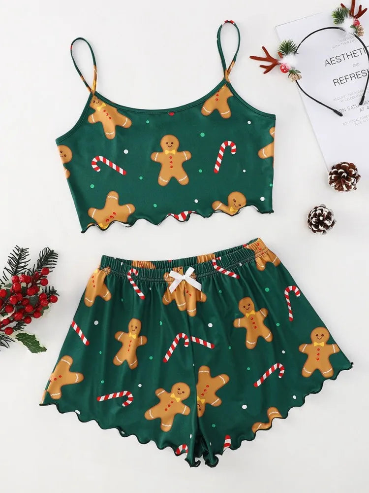 Christmas Clothes Cute Soft Gingerbread Print 2 Pieces Pajama Set Women's Sleepwear Crop Tops and Shorts Sets Loungewear