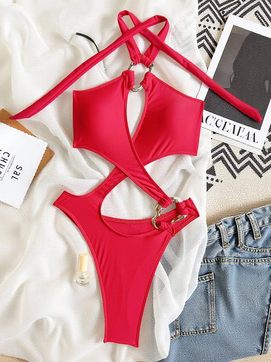 Sexy Tummy Cut Out Halter Women Thong Swimwear One Piece Swimsuit Female High Cut Monokini Rings Bathing Suit Swim Beach Wear