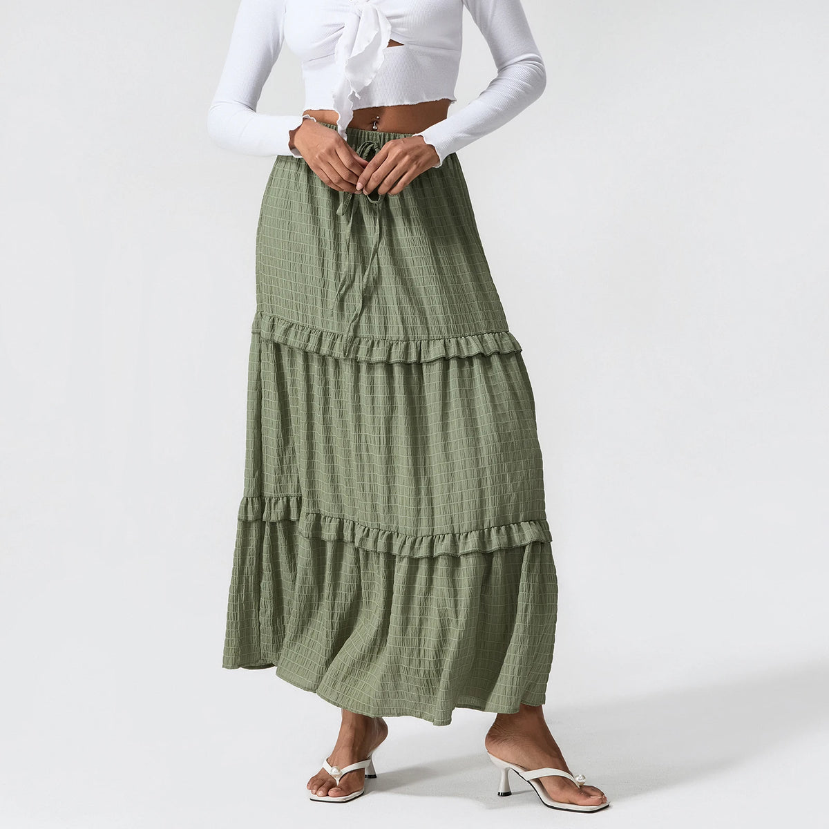 Elegant Women Long Tiered Skirt Summer Autumn Casual Ruffled Shirred Frill Trim Elastic Waist Drawstring A-Line Skirt Streetwear