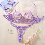 French-style purple lace embroidered lingerie set - Sexy see-through chiffon long bra and thong set for two pieces ZA25246