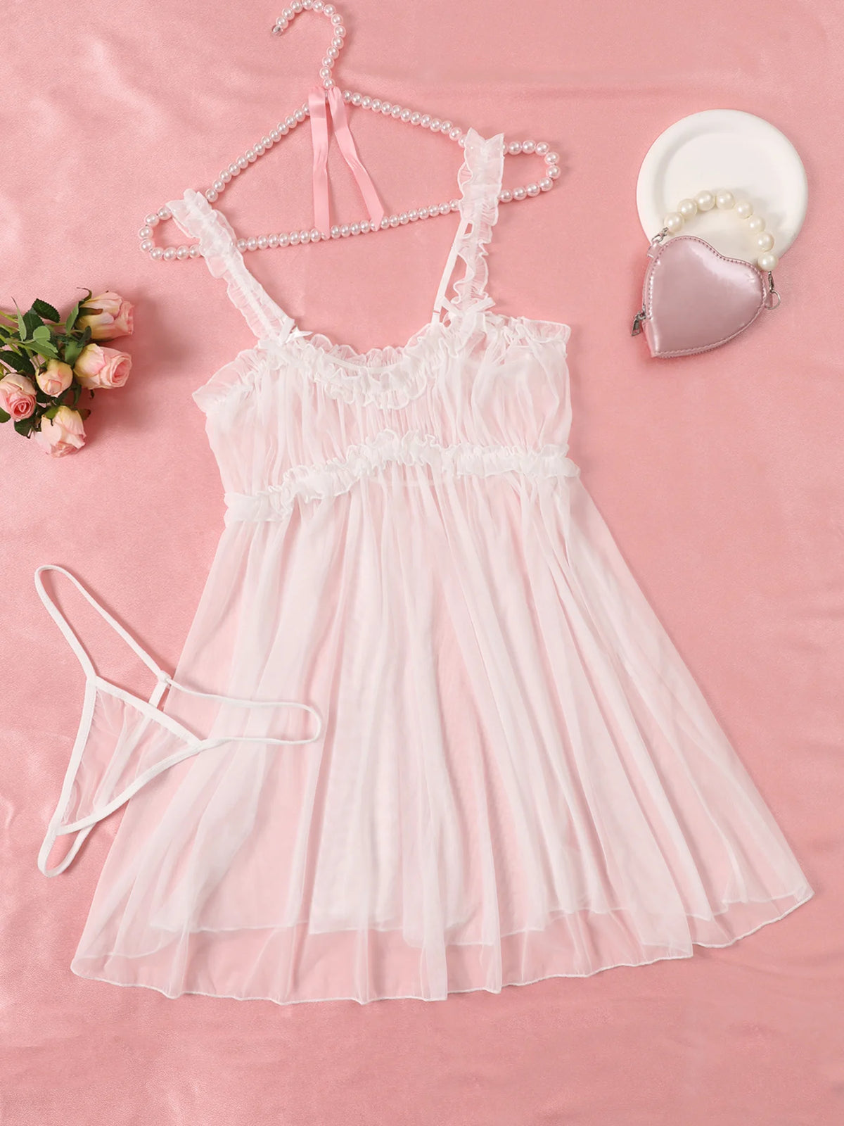 Women Mesh Nightdress Bow Pink Dress With Thong Underwear Valentine Day Gift