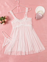 Women Mesh Nightdress Bow Pink Dress With Thong Underwear Valentine Day Gift