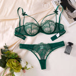Green Floral Lace Lingerie Set Sheer Mesh Underwire Bra With Bow & Thong Women Sexy Underwear ZA824057