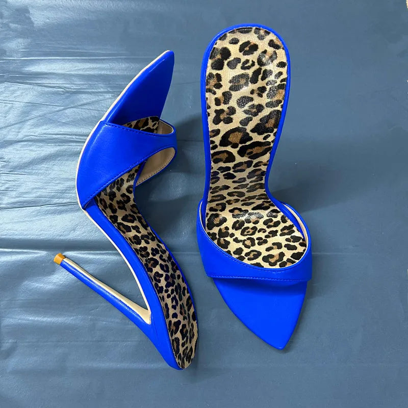 10cm Heeled Mules Candy Color Pointed Open Toe 12cm High Stiletto Heels Summer Party Dress Women's Slippers royal blue 12cm