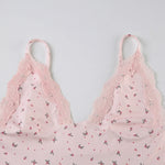 Cute Pink Floral Lace Patchwork Two-piece Pajamas Set for Women Sleepwear Sleeveless Camisoles and Slim Shorts Loungewear