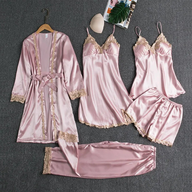 2025 Luxury Satin Pajama Set 5 Pcs Women's Silky Sleepwear Lace Trim Robe Nightgown Cami Shorts Pants Elegant Loungewear New Hot