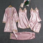 2025 Luxury Satin Pajama Set 5 Pcs Women's Silky Sleepwear Lace Trim Robe Nightgown Cami Shorts Pants Elegant Loungewear New Hot
