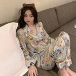 Large Size cartoon Sleepwear Loungewear Women Autumn and Winter Pajamas ladies Long Sleeve Long Trousers nightwear HomeWear 2pcs