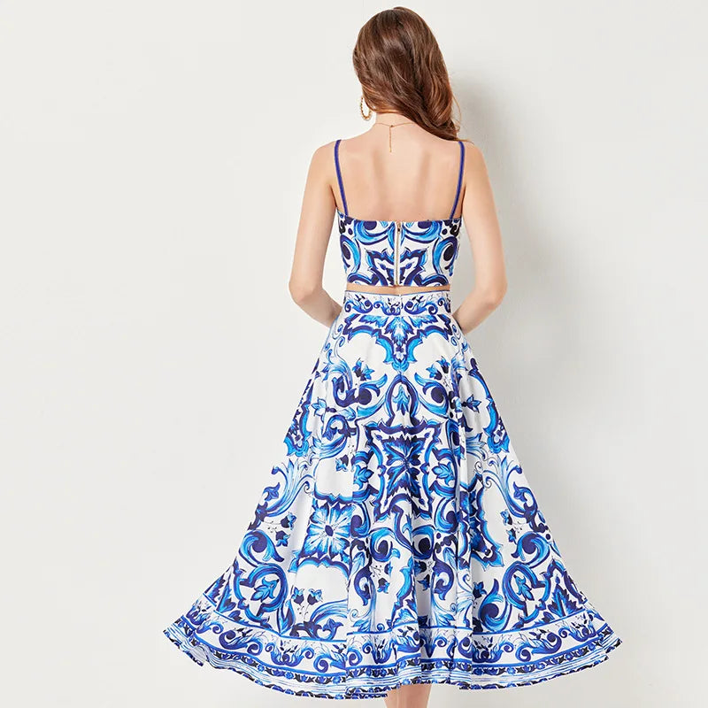 Women's Dress Blue And White Porcelain Retro Printed Metal Buckle Three-dimensional Strapless Top + Wide Skirt Two-piece Set