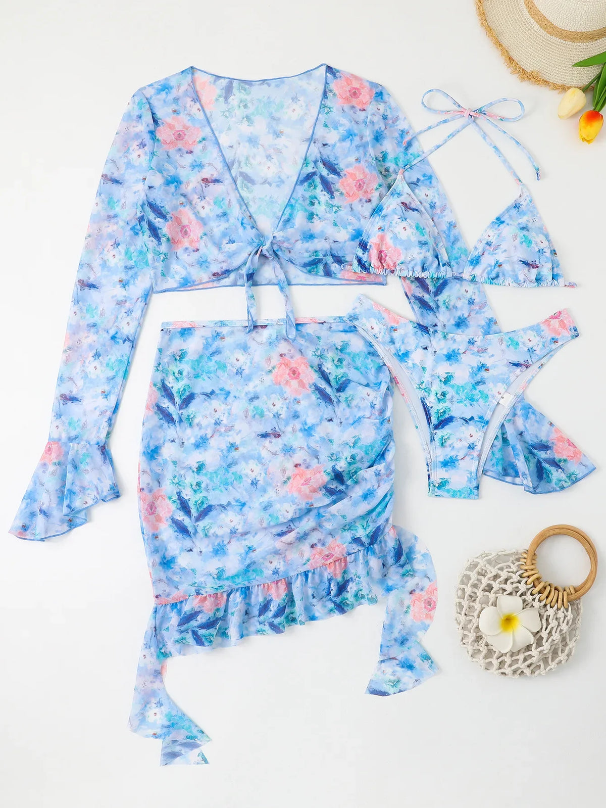 Sexy Floral Print Ruffle Bikini 2026 Women 4 Pack Swimsuit Brazilian Swimwear Female Beachwear Thong Bathing Suit Beach Cover-Up