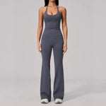 New Yoga Sets Women Summer Seamless Thread Hanging Neck Sports Vest Exercise Fitness Suit High Waist Wide Leg Pants Tracksuit