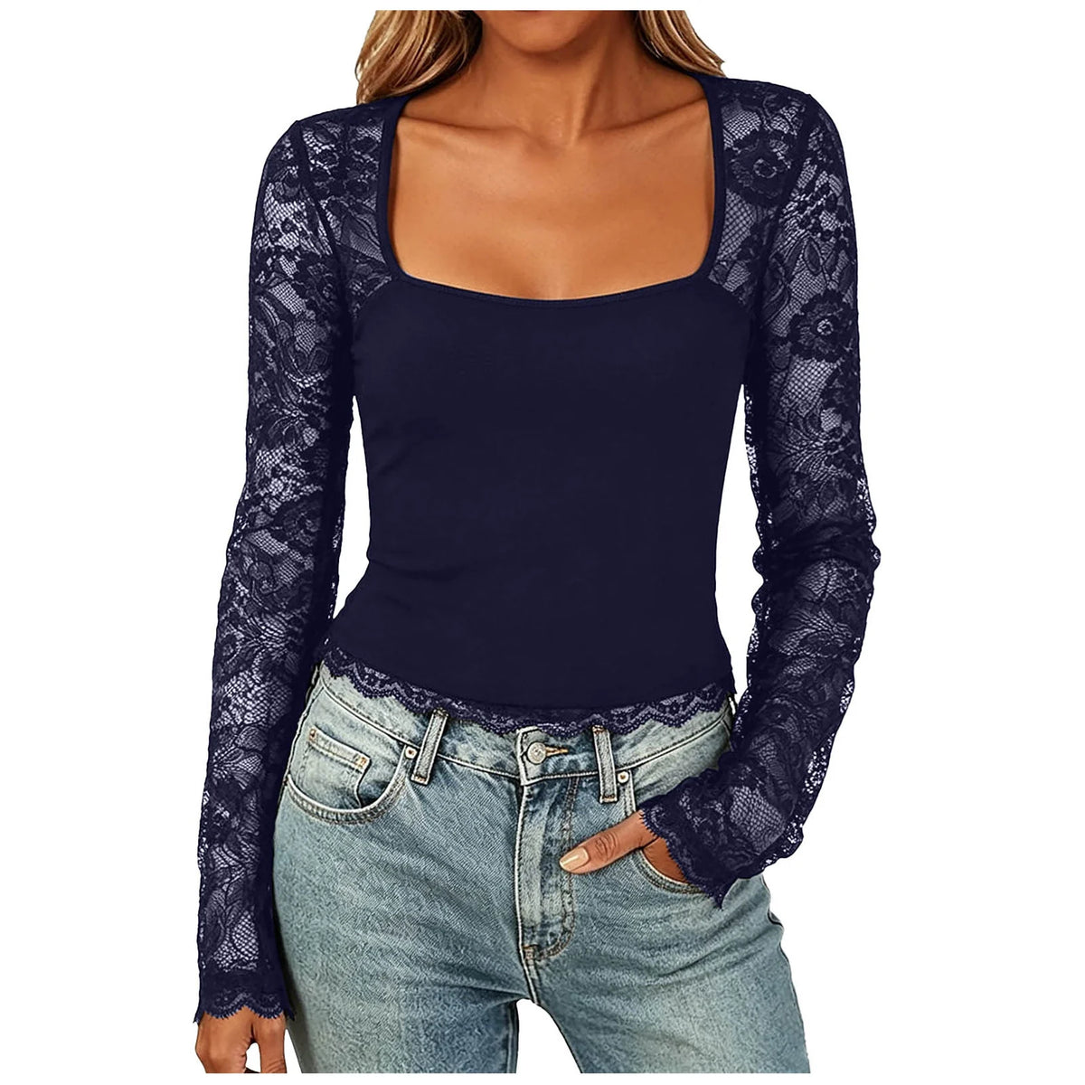 Women'S Sexy Lace Patchwork Square Collar Long Sleeve T-Shirt Elegant Sheer Mesh Slim Fit Cropped Top Spring/Fall 2026 Basic Top