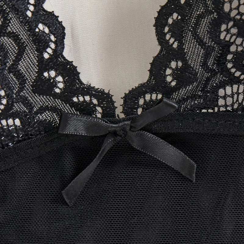 Women Sexy Lingerie Set See-through Deep V Slip Dress Thong Elegant Comfortable. Bow Design Sexy Lace Red Bra Panty Pijamas Set