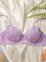 Women's Comfortable Bra Purple Embroidered Lace with Steel Ring Gatherable Adjustable Straps Underwear MR2860