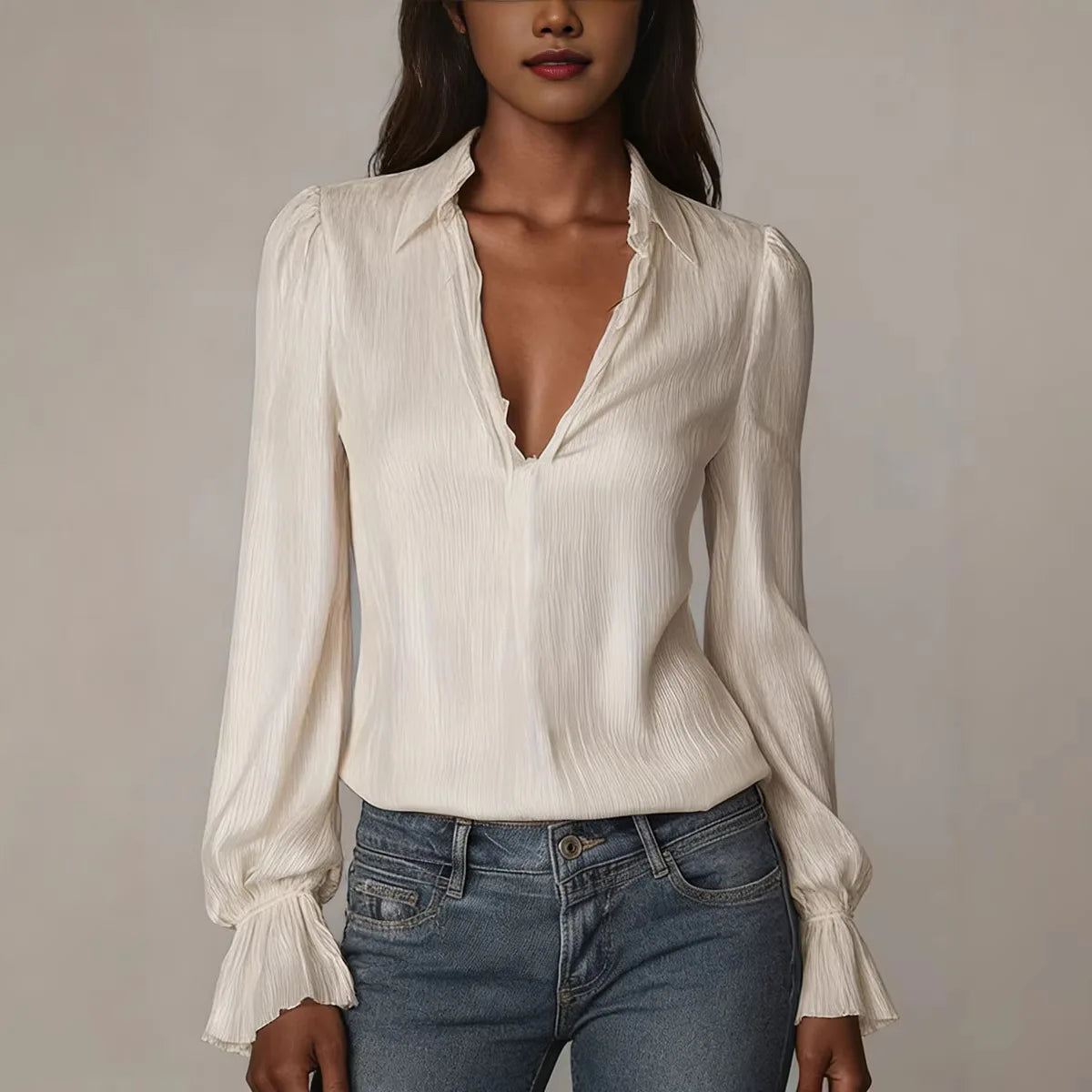 2026 Spring Women's Shirts European and American Fashion Long Sleeve Tops Solid Color Korean Style Lapel Shirts with Ruffles