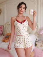 Summer Sleepwear Cute Bow Print Lace Trim Bow V Neck Crop Top and Shorts2 Piece Lounge Pajamas Set for Women
