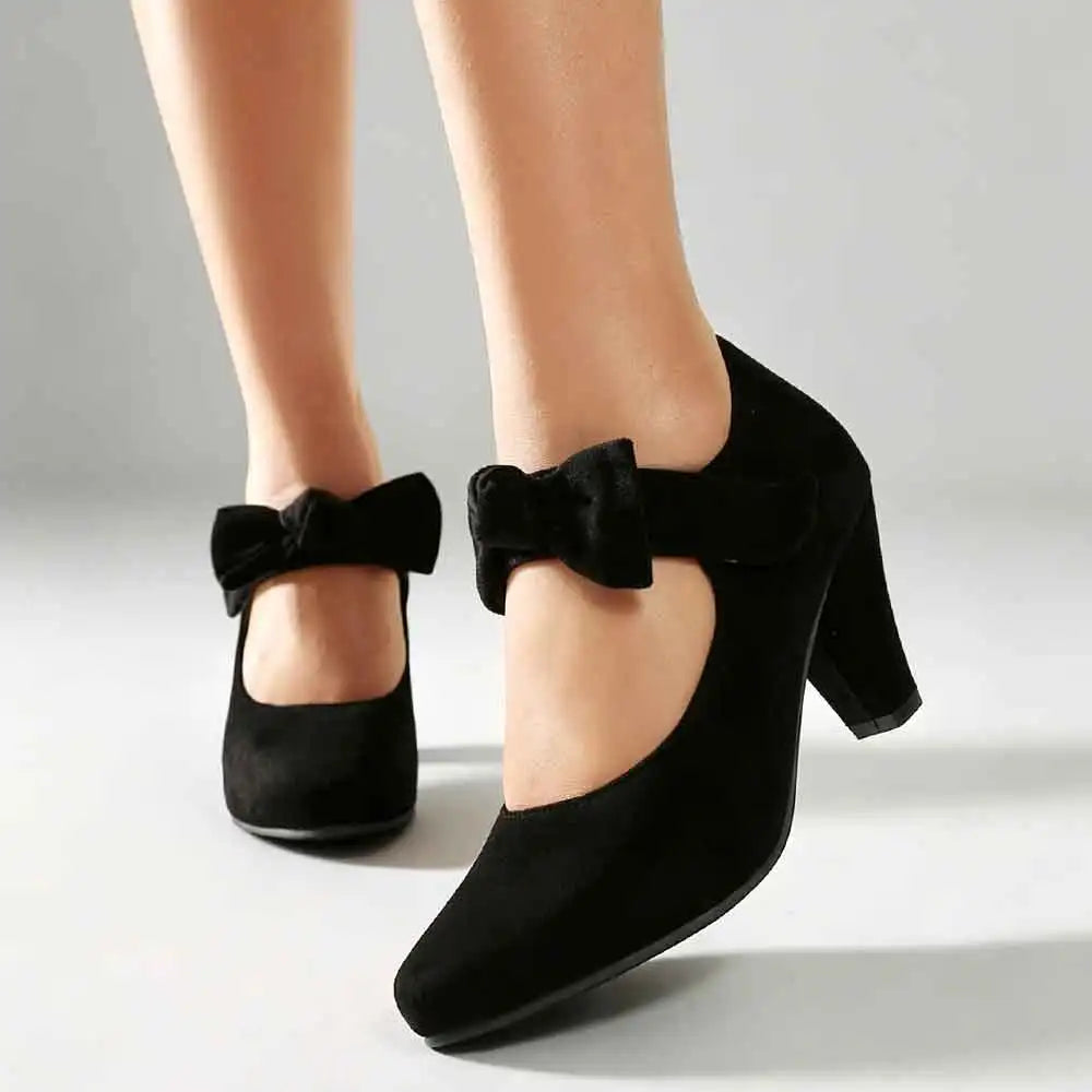 2026 Plus Size 45 Vintage Bowknot Bow Mary Jane Shoes Women 7cm High Heeled Retro Suede Look Brown Lolita Block Heel Pumps