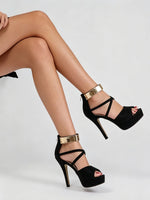 Women's Sexy Peep Toe Platform 12cm High Heel Sandals with Gold Metal Classic Ankle Strap Crisscross Stiletto Heel Party Shoes