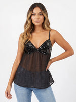 Women's Summer Solid Color Sequin Cami Tops Sleeveless Spaghetti Strap Deep V Neck Camisole