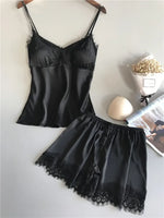 Women's Lace Satin Pajama Sets Sexy Nightwear Summer Sleeveless Tops+Shorts 2 Pcs Pyjamas Sleepwear Loungewear