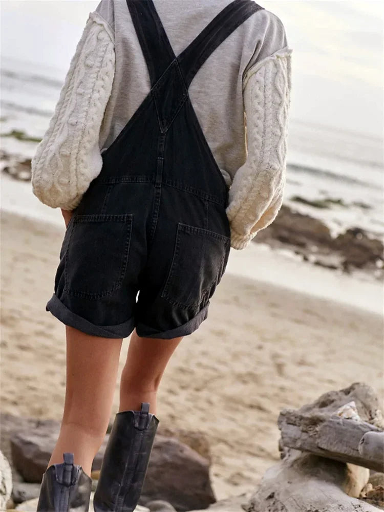 Women Denim Bib Overalls Adjustable Straps Shorts Romper with Pocket Casual Rolled Cuff Shortalls