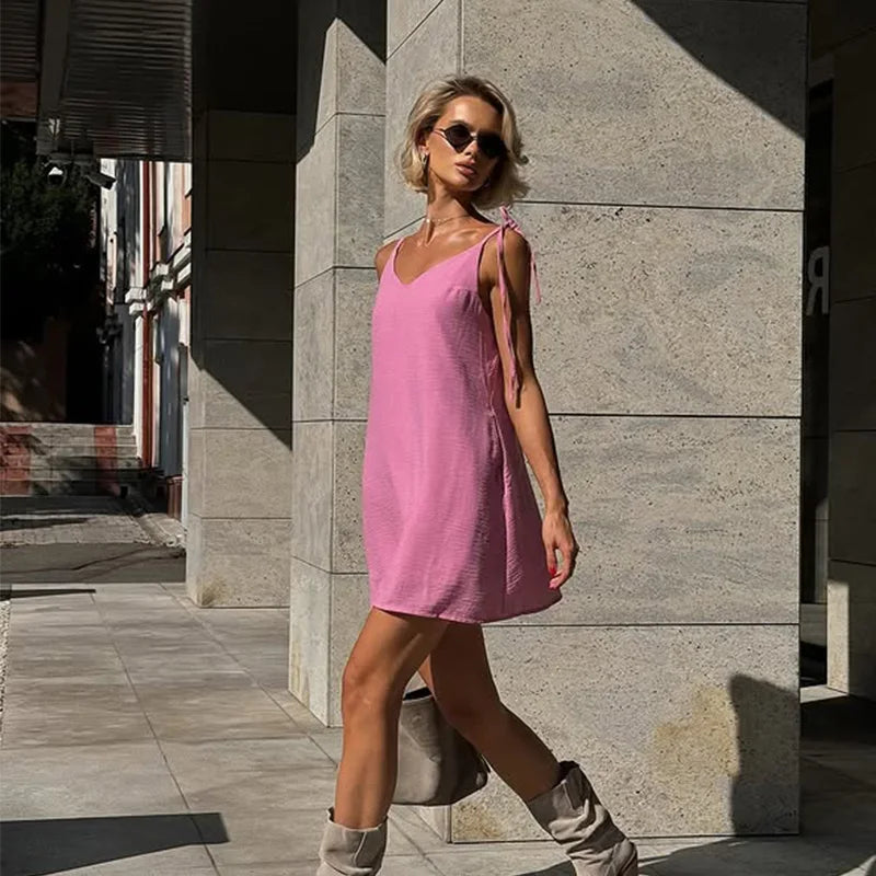 Ahagaga Fashion Women's Dresses Solid Straps Bandage Regular Causal V-Neck Sleeveless Summer Camisole Loose Sweet Femlae Vestido