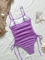 Sexy Purple Shell Print One Piece Swimsuit 2026 Women Pearls Strap Drawstring Side Tummy Control Holiday Bathing Suit Swimwear