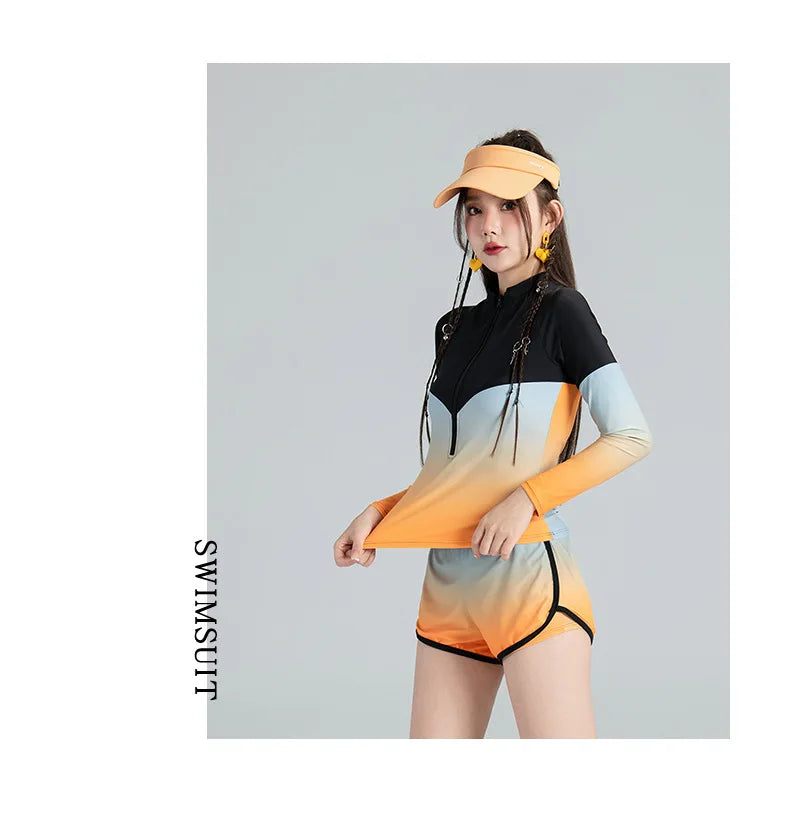 Long Sleeve Rash Guard Women Colorblock Two Piece Swimsuit Crop Top Swimwear High Neck Bathing Suits Zipper Surfing Suits Shorts