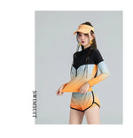 Long Sleeve Rash Guard Women Colorblock Two Piece Swimsuit Crop Top Swimwear High Neck Bathing Suits Zipper Surfing Suits Shorts