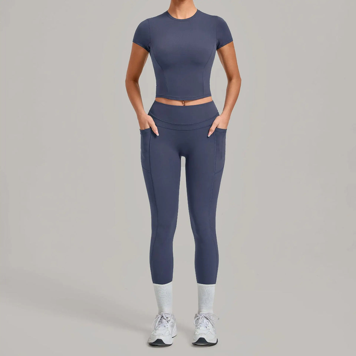 Women Tracksuit Yoga Sets Short Sleeve Slim Sports T Shirts Workout Clothes Outdoor Tight High Waist Pocket Pants Fitness Suits