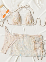Sexy Shiny Sequin Blue White Bikini Set Women 3D Mesh Flower Cover Up 3 Piece Thong Swimsuit Beach Holiday Bathing Suit Swimwear