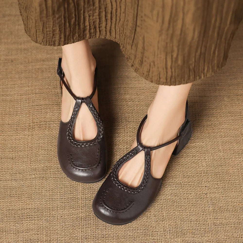 Women's T-Strap Shallow Flat Sandals Soft Leather Rome French Slip-on Single Shoes Retro Round Toe Shoes for Women Summer 32-43