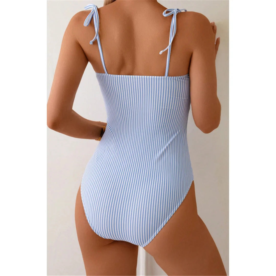 S - XL New Sexy Striped Frilled Strappy Women Swimwear One Piece Swimsuit Female Monokini Padded Bather Bathing Suit Swim V6949