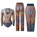 S - XXL 3PCS New Printed Long Sleeve With Pants Sarong Women Swimwear One Piece Swimsuit Female Bather Bathing Suit Swim K7180