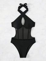 Sexy See Through One Piece Swimsuit 2025 Women Halter Corss Underwire Tummy Control Swimwear Solid Black Hot Pink Bathing Suits