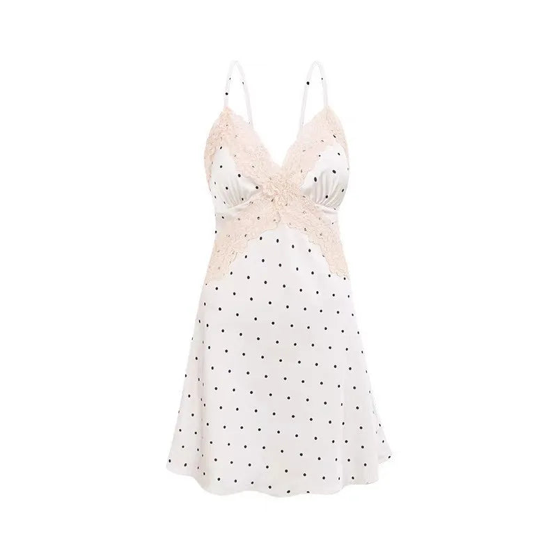 Cute Dress Sexy Charming Pointed Collar Suspender Nightgown Women Summer Satin Fabric V-neck Lace Pajama Set for Home Wear NEW