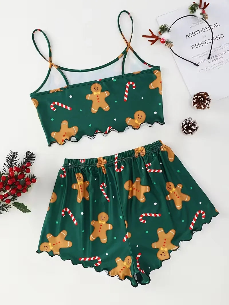 Soft Festival Christmas Cute Gingerbread Print Pajama Set Women's Sleepwear 2 Pieces Crop Tops and Shorts Loungewear