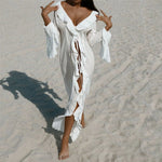 New Sexy V Neck Ruffled Long Sleeve Chiffon Tunic Beach Cover Up Cover-ups Beach Dress Beach Wear Beachwear Female Women V5976