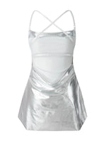 Women Sleeveless Backless Party Club Dress Solid Color Shiny Spaghetti Strap Mini Dress for Cocktail Nightclub Beach