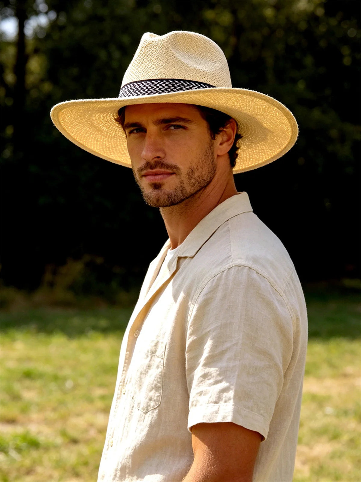Men's Straw Woven Top Hat Wide Brim Sun Cap Summer Casual Outdoor Holiday