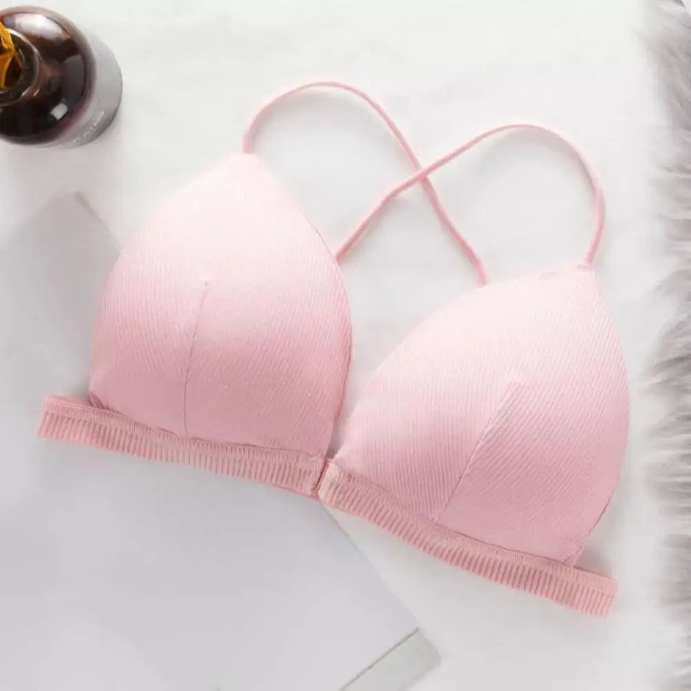 Women Simple Bra Triangle Cup Thin Straps Wrapping Chest Front Buckle Wireless Ribbed Bra Sexy Sports Cross Back Bra