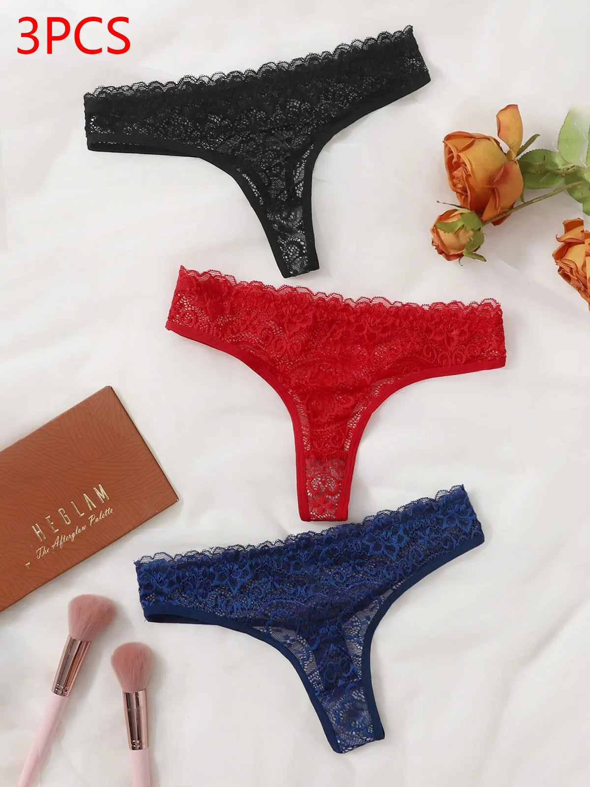 Sexy And Charming Women's Underwear Ultra-Thin Full Lace Thong 3 Pcs black blue And Red Can Be Paired With ALingerie 363-3