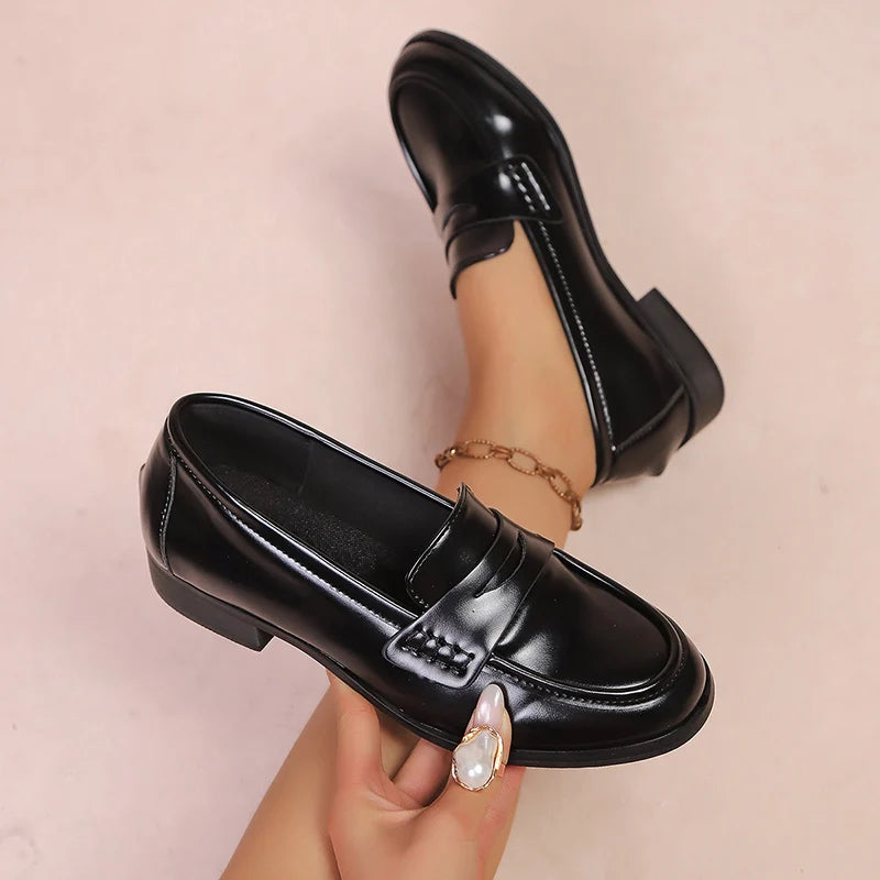Elegant Black Pu Leather Flats Women Plus Size 42 Comfortable Low Heel Loafers Woman 2026 Slip On Dress Office Shoes Ladies